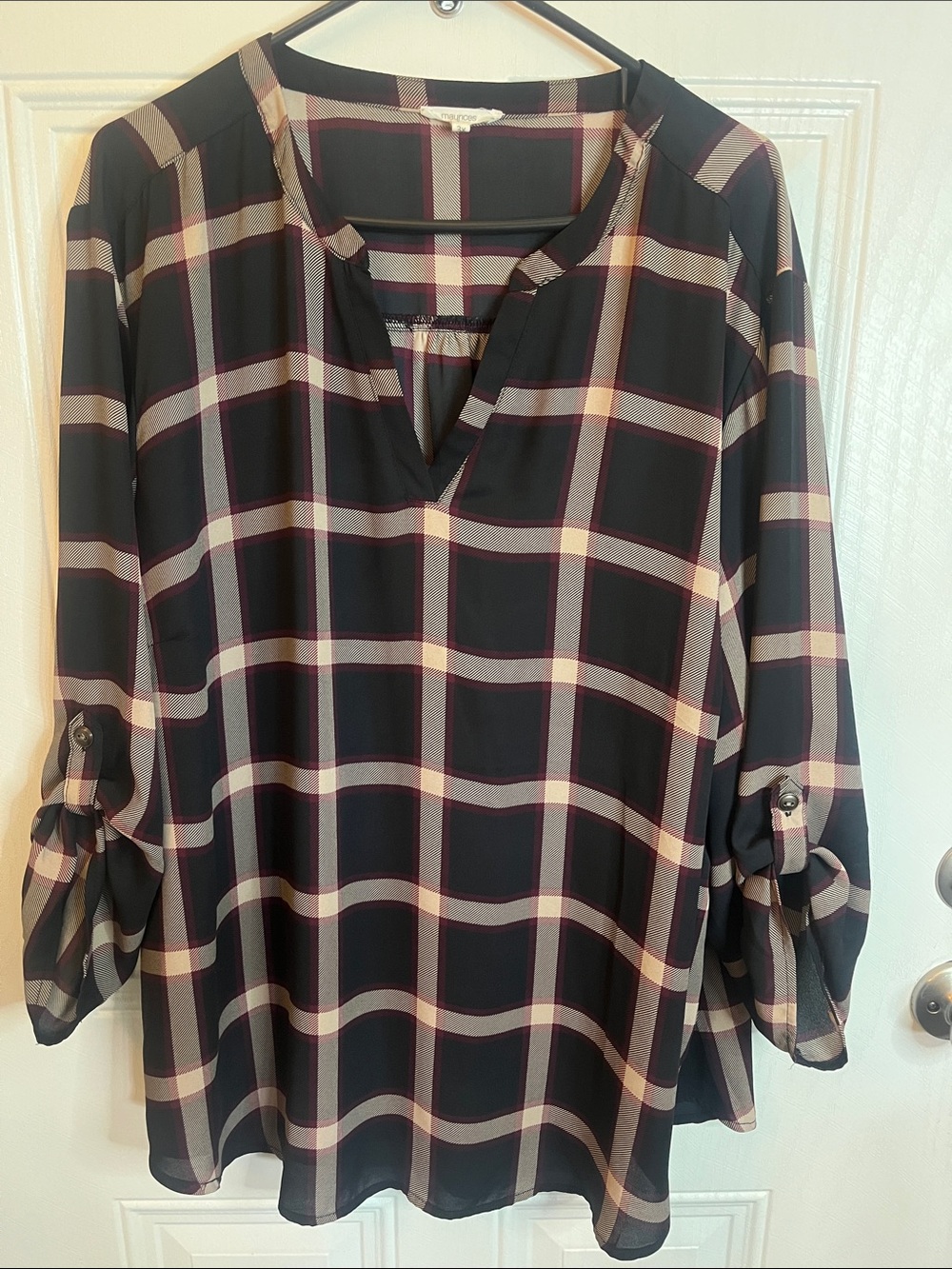 Maurices Women’s Black Plaid Roll-Sleeve Blouse - Brand: